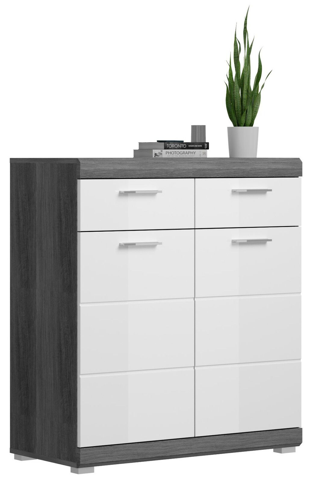 MID.YOU Schuhschrank SCOUT Moderner Schuhschrank mit weißer Hochglanzfront und dunklem Holzrahmen, frontal abgebildet. Dekoriert mit Büchern und einer Pflanze auf der Oberseite.