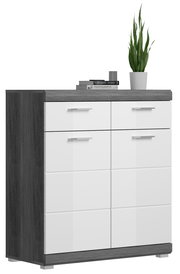 Moderner Schuhschrank mit weißer Hochglanzfront und dunklem Holzrahmen, frontal abgebildet. Dekoriert mit Büchern und einer Pflanze auf der Oberseite.