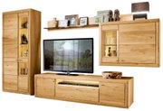 Moderne wandcombinatie van hout met tv-kast, vitrinekast en boekenplank, gezien vanaf de voorkant.