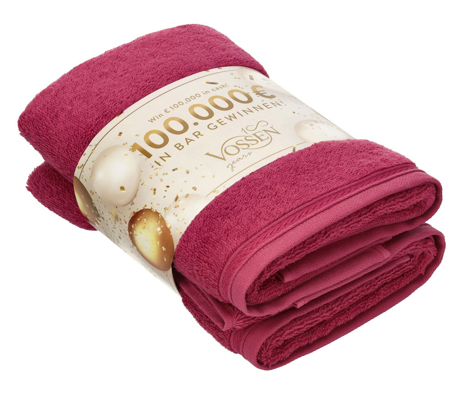 Vossen Handtuch Set 2-tlg. CELEBRATION Vossen Handtuch Set 2-teilig in kräftigem Rot, seitliche Perspektive, mit Verpackungsetikett.