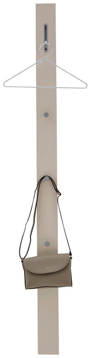 Garderobenpaneel in vertikaler Ansicht mit Kleiderbügel und Handtasche