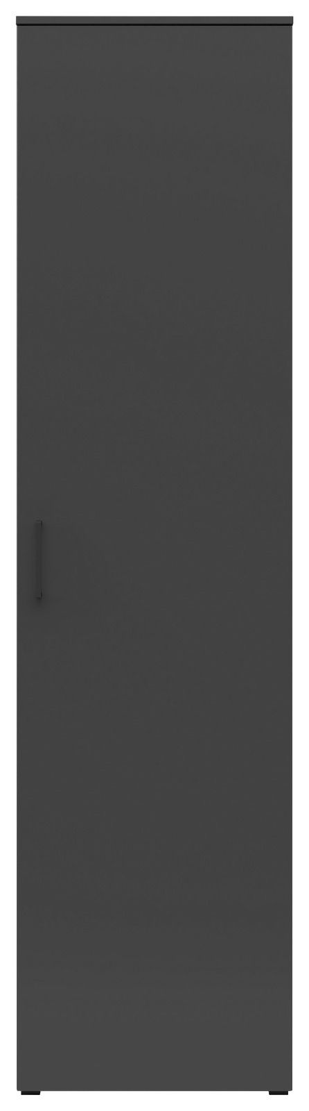 Frontansicht eines schwarzen Mehrzweckschranks mit einfacher Tür und Griff auf der linken Seite.