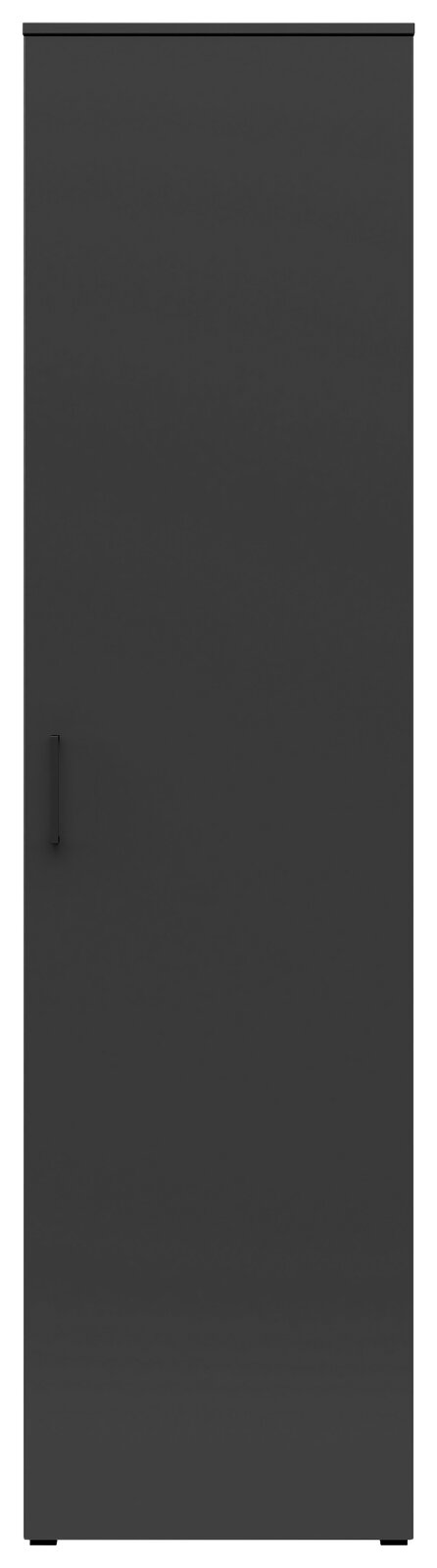 Frontansicht eines schwarzen Mehrzweckschranks mit einfacher Tür und Griff auf der linken Seite.