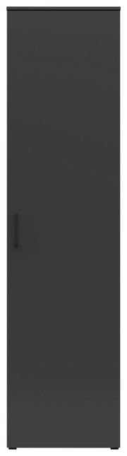 Frontansicht eines schwarzen Mehrzweckschranks mit einfacher Tür und Griff auf der linken Seite.