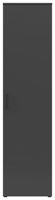 Frontansicht eines schwarzen Mehrzweckschranks mit einfacher Tür und Griff auf der linken Seite.