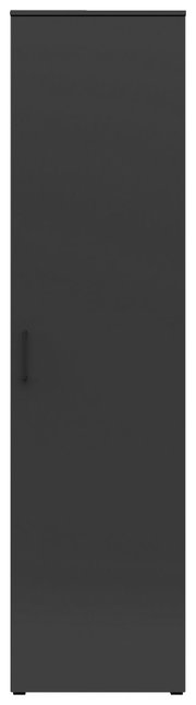 Frontansicht eines schwarzen Mehrzweckschranks mit einfacher Tür und Griff auf der linken Seite.