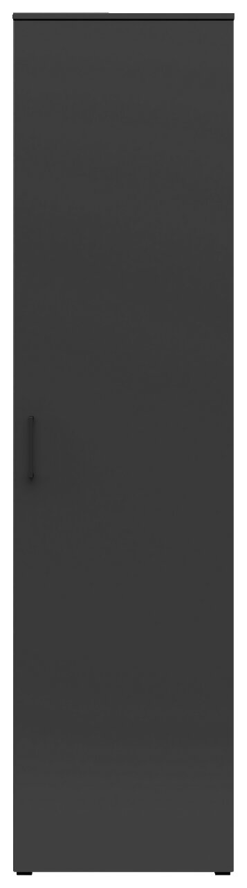 Frontansicht eines schwarzen Mehrzweckschranks mit einfacher Tür und Griff auf der linken Seite.