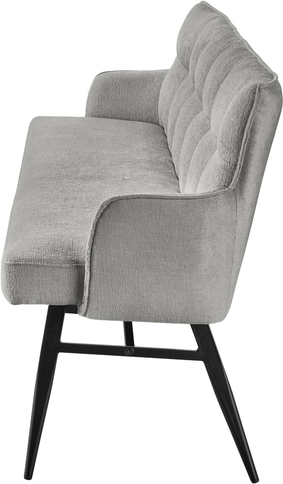 Graue Bank mit gepolsterter Rückenlehne und schwarzen Metallbeinen, seitliche Perspektive