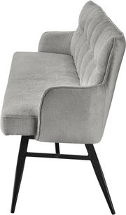 Graue Bank mit gepolsterter Rückenlehne und schwarzen Metallbeinen, seitliche Perspektive