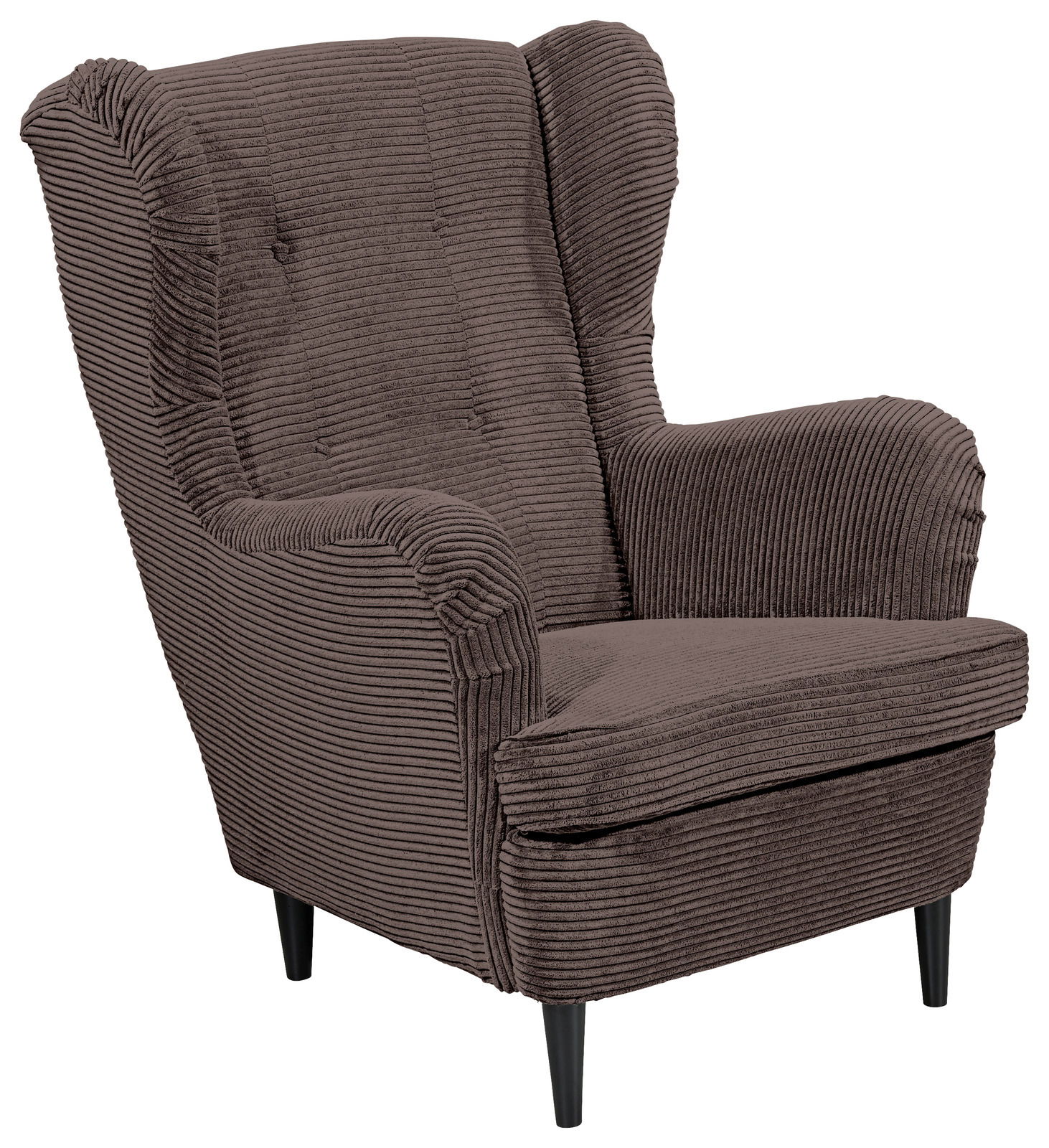 Brauner Ohrensessel aus Cordstoff, Vorderansicht mit sichtbaren Armlehnen und hohen Rückenlehne.