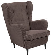 Brauner Ohrensessel aus Cordstoff, Vorderansicht mit sichtbaren Armlehnen und hohen Rückenlehne.