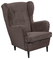 Brauner Ohrensessel aus Cordstoff, Vorderansicht mit sichtbaren Armlehnen und hohen Rückenlehne.