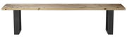 Gartenbank aus Holz mit Metallbeinen, frontal betrachtet.