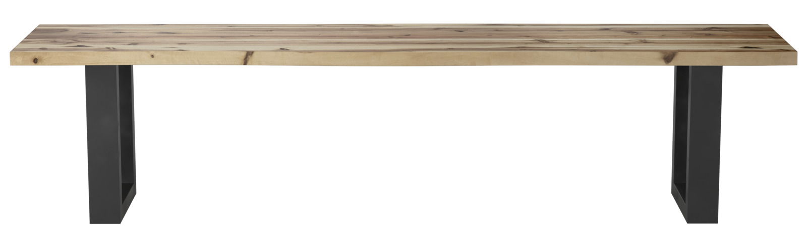 Gartenbank aus Holz mit Metallbeinen, frontal betrachtet.