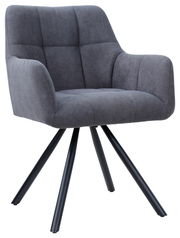 Grauer Armlehnstuhl mit gepolstertem Sitz und Rückenlehne, schwarzes Metallgestell, Vorderansicht