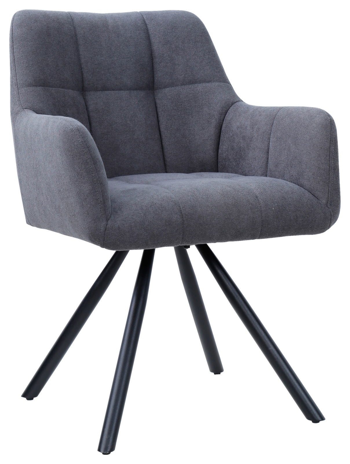 Grauer Armlehnstuhl mit gepolstertem Sitz und Rückenlehne, schwarzes Metallgestell, Vorderansicht