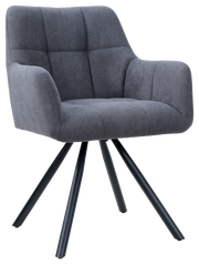 Grauer Armlehnstuhl mit gepolstertem Sitz und Rückenlehne, schwarzes Metallgestell, Vorderansicht