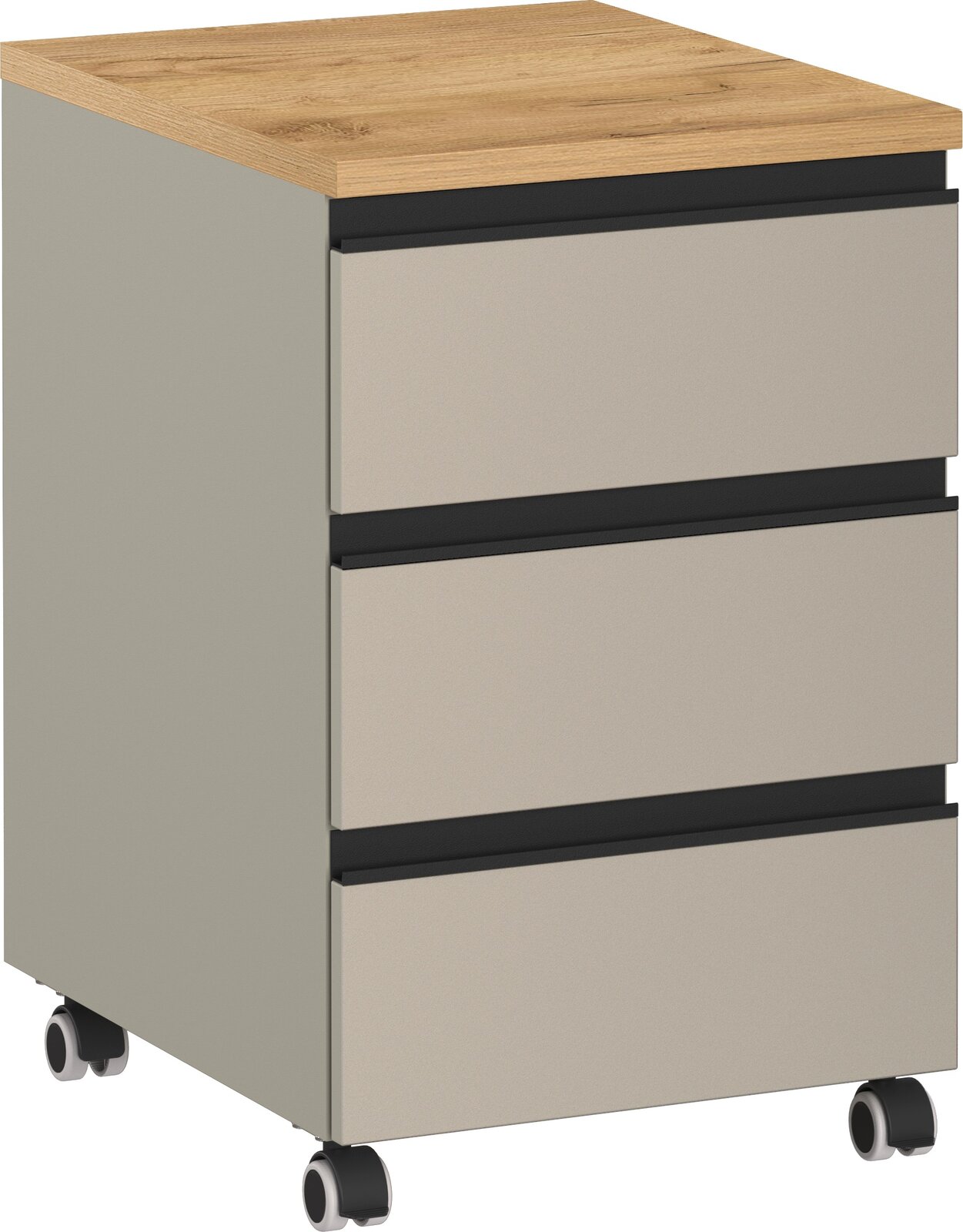 Novel Rollcontainer DELTONA Rollcontainer mit drei Schubladen, Holzoberfläche und Rollen, seitliche Perspektive