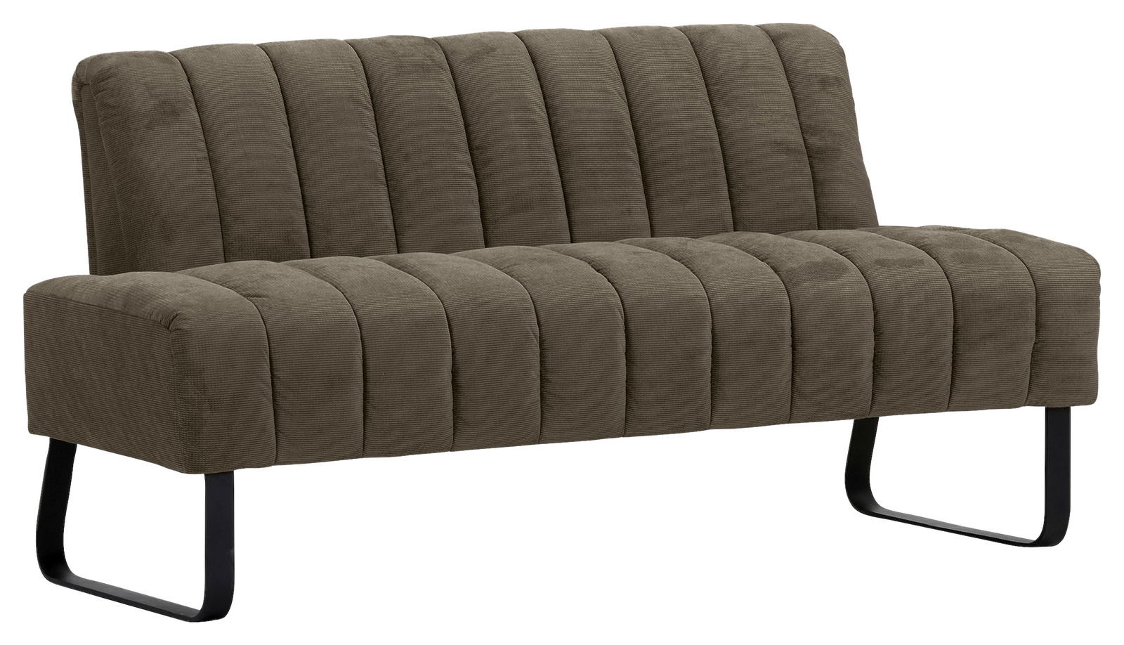 Novel 2er-Sitzbank LAILA Zweiersitzbank in Olivgrün mit vertikaler Steppung und schwarzen Metallbeinen, seitliche Perspektive