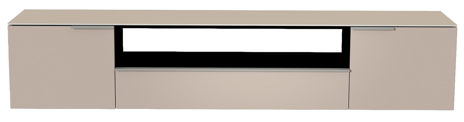 Moderano XL Hänge-Lowboard BORMIO Frontansicht eines XL Hänge-Lowboards in modernem Design mit zwei Türen und einem offenen Fach in der Mitte.