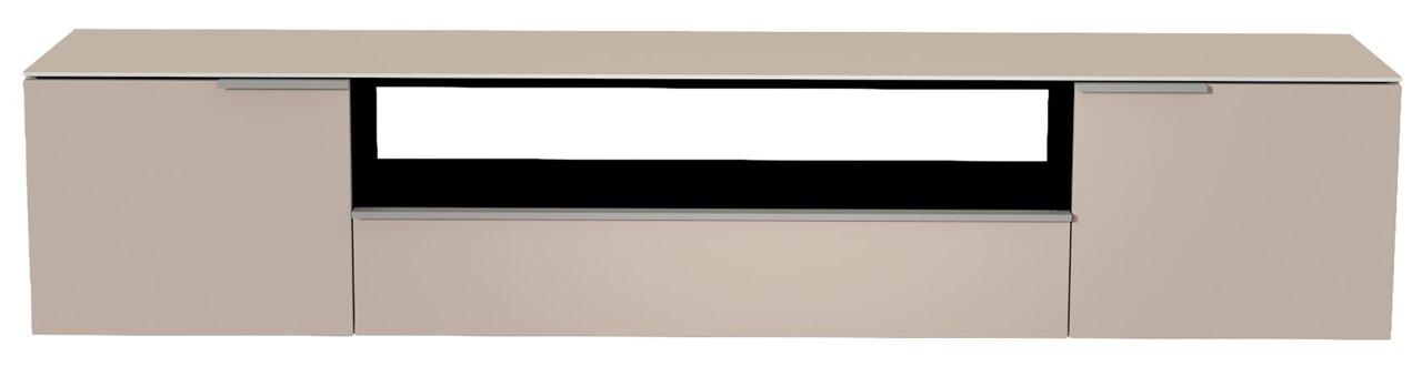 Frontansicht eines XL Hänge-Lowboards in modernem Design mit zwei Türen und einem offenen Fach in der Mitte.