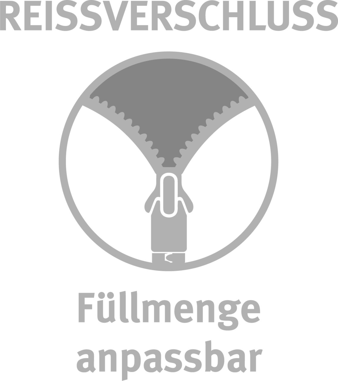 Symbolbild eines Reißverschlusses mit der Aufschrift 'Füllmenge anpassbar', frontal betrachtet.