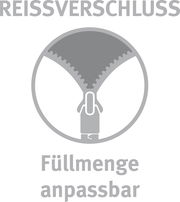 Symbolbild eines Reißverschlusses mit der Aufschrift 'Füllmenge anpassbar', frontal betrachtet.