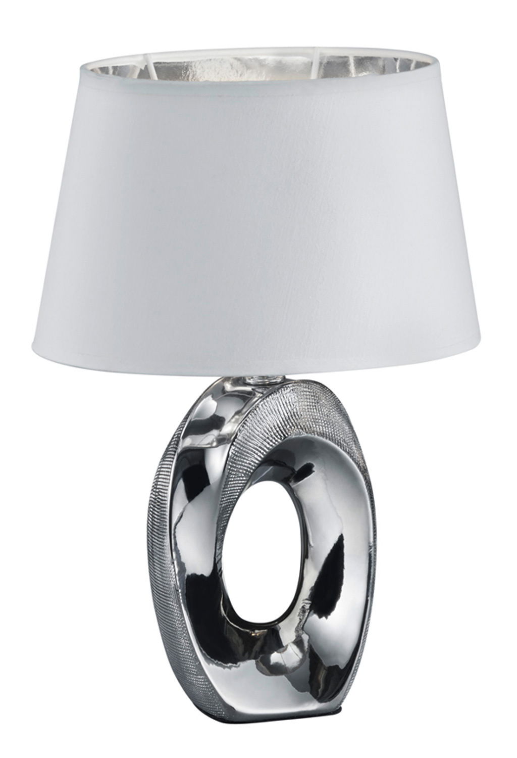 Moderne Tischlampe mit silbernem, ovalem Sockel und weißem Lampenschirm, seitliche Perspektive
