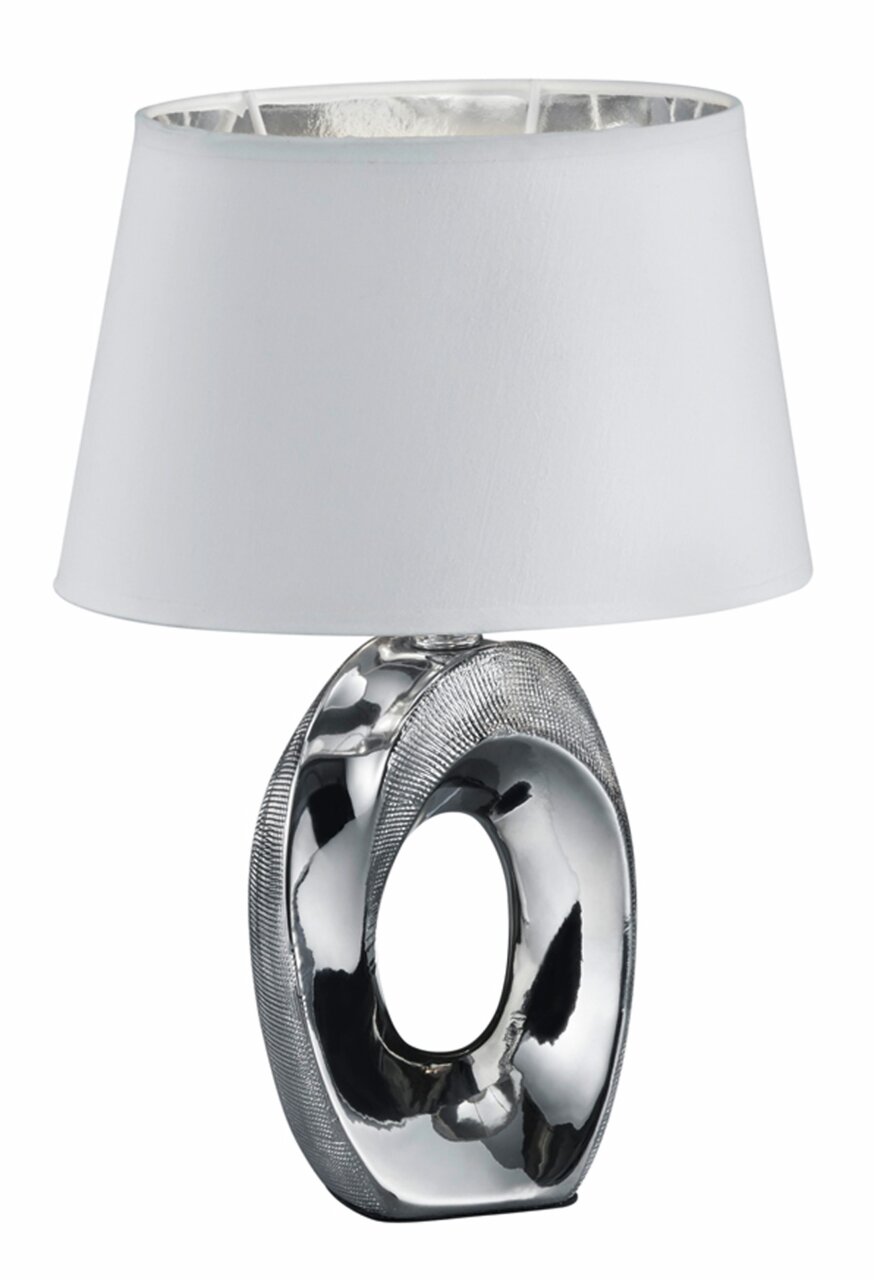 Moderne Tischlampe mit silbernem, ovalem Sockel und weißem Lampenschirm, seitliche Perspektive