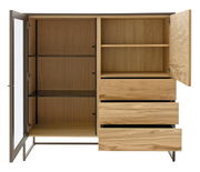 Offenes Highboard aus Holz mit Glastür, Regalböden und Schubladen, Frontalansicht