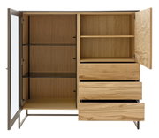 Offenes Highboard aus Holz mit Glastür, Regalböden und Schubladen, Frontalansicht