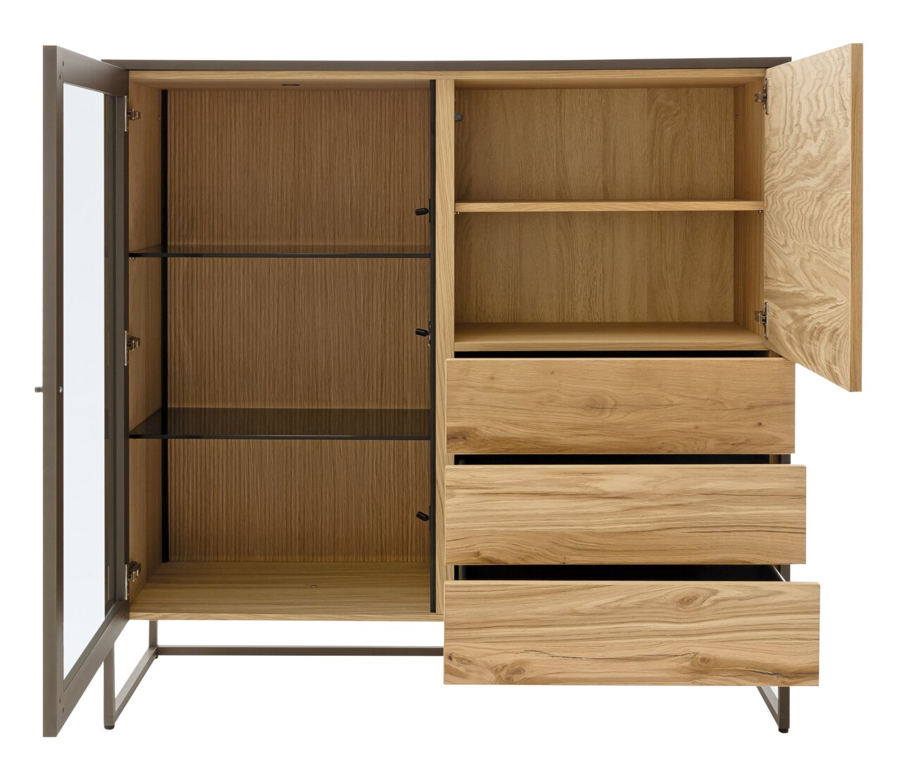 Offenes Highboard aus Holz mit Glastür, Regalböden und Schubladen, Frontalansicht