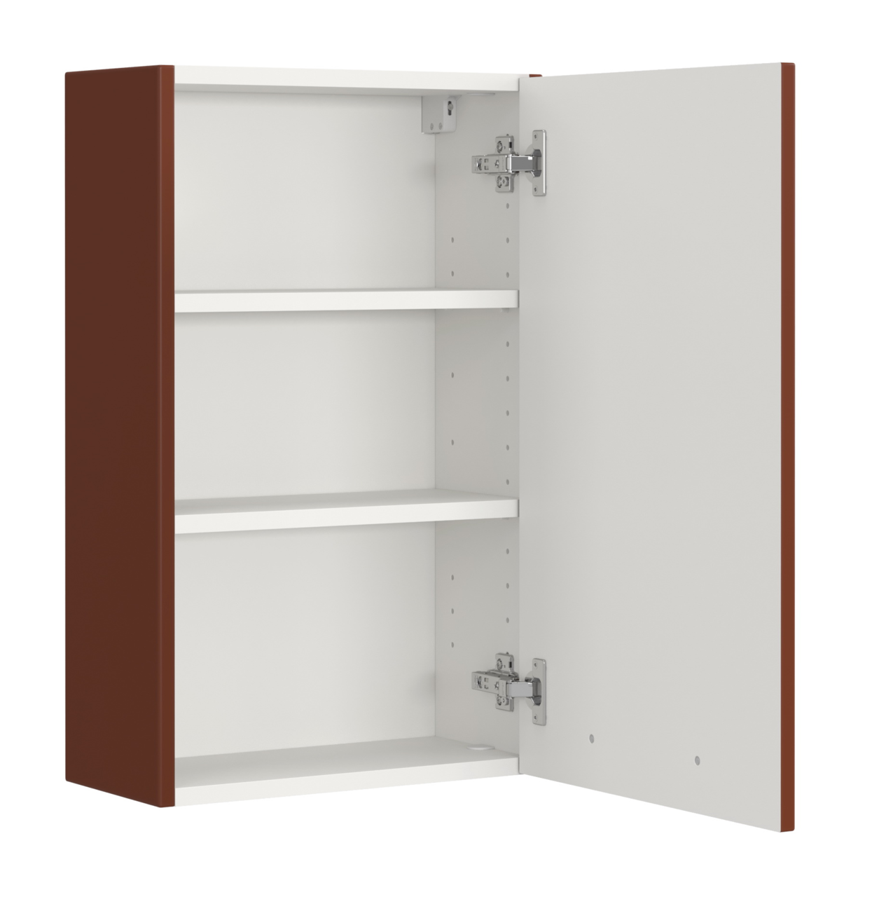 Hängeschrank mit geöffneter Tür, zwei Einlegeböden und brauner Außenseite, Perspektive von vorne