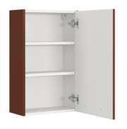 Hängeschrank mit geöffneter Tür, zwei Einlegeböden und brauner Außenseite, Perspektive von vorne