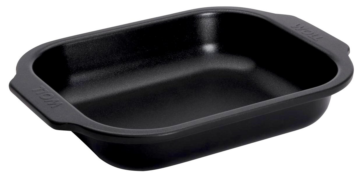 Schwarze Bratreine aus Metall, rechteckig mit abgerundeten Ecken, seitliche Griffe, Perspektive von schräg oben