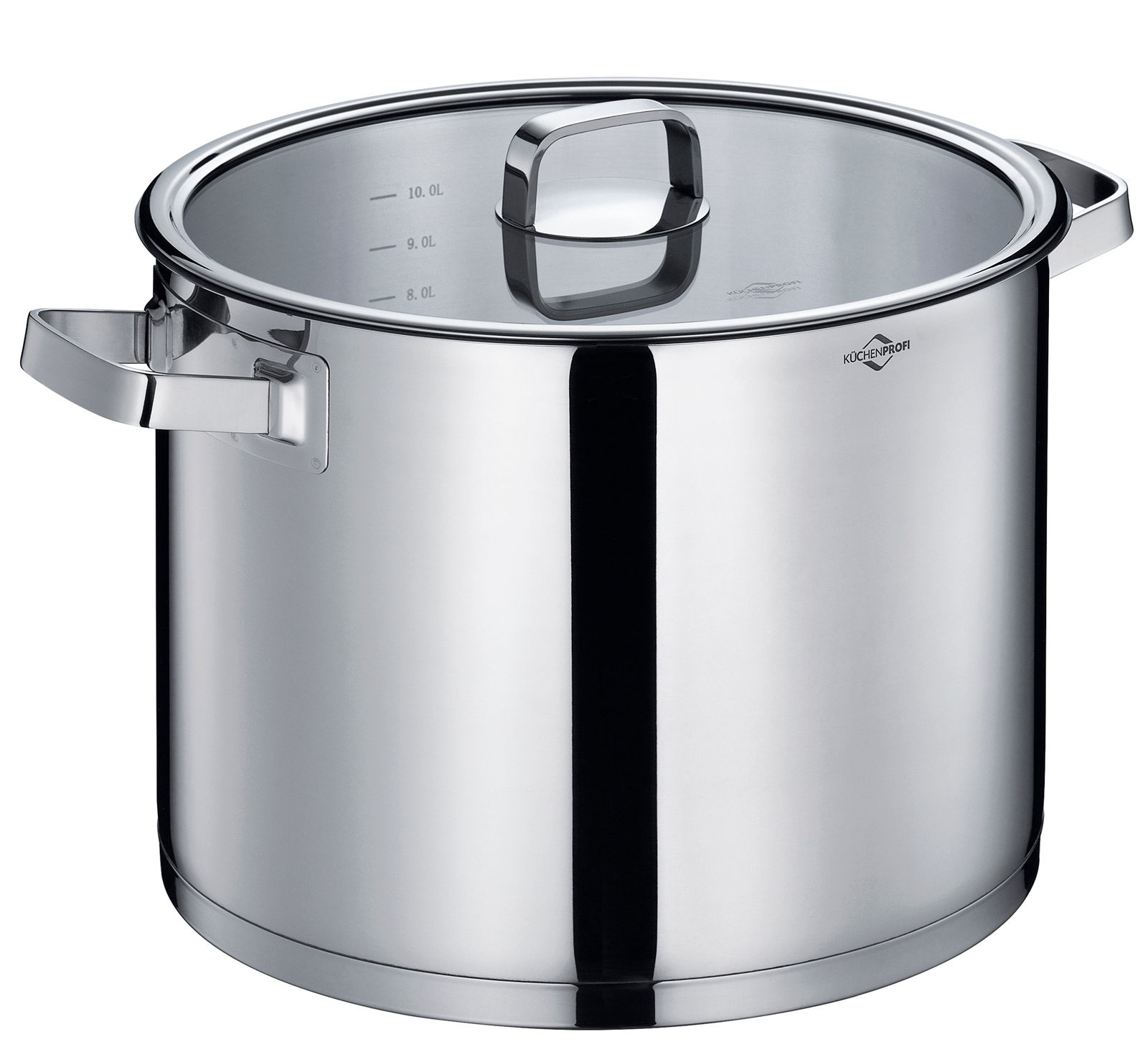 Suppentopf SAN REMO aus Edelstahl, 28 cm, mit Glasdeckel und seitlichen Griffen, seitliche Perspektive