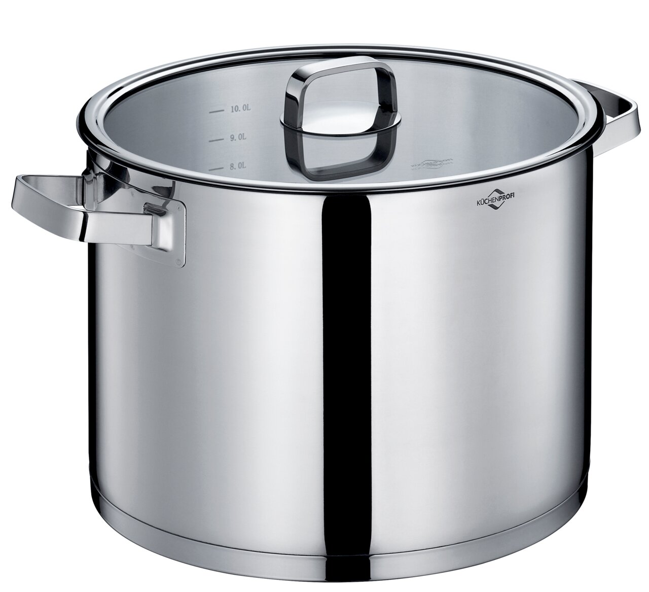 Suppentopf SAN REMO aus Edelstahl, 28 cm, mit Glasdeckel und seitlichen Griffen, seitliche Perspektive