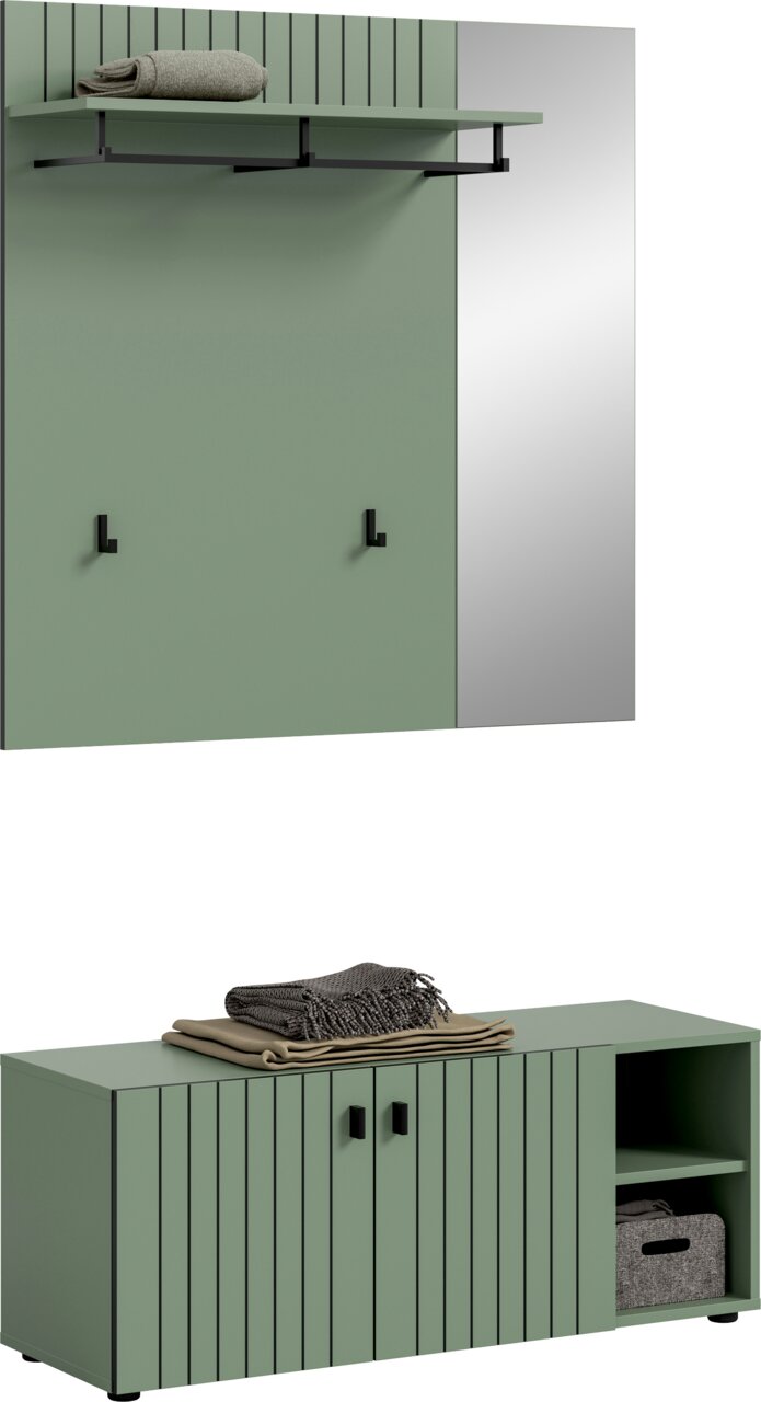 MID.YOU Garderobenkombination STATION Modernes Garderoben-Set in Salbeigrün mit Wandpaneel, Haken, Ablage und Sideboard mit Lamellenfront und offenen Fächern, schräg von vorn in leichter Seitenansicht dargestellt