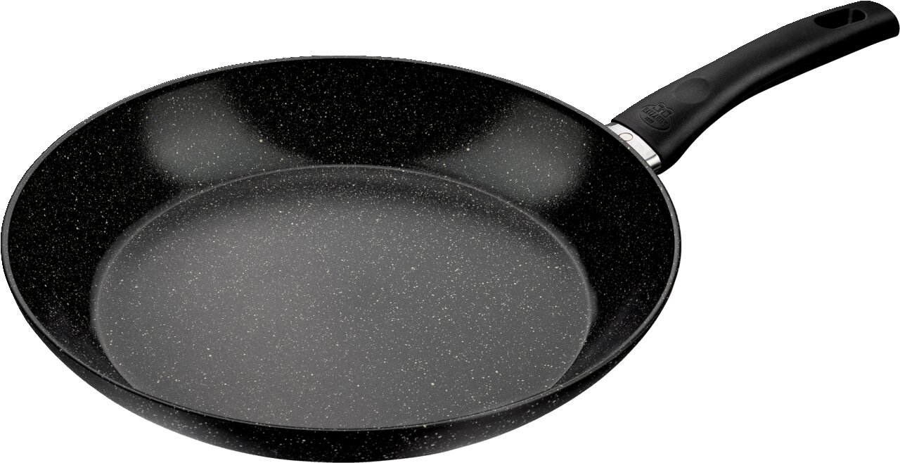 Bratpfanne mit 32 cm Durchmesser, schwarze Antihaftbeschichtung, seitliche Perspektive