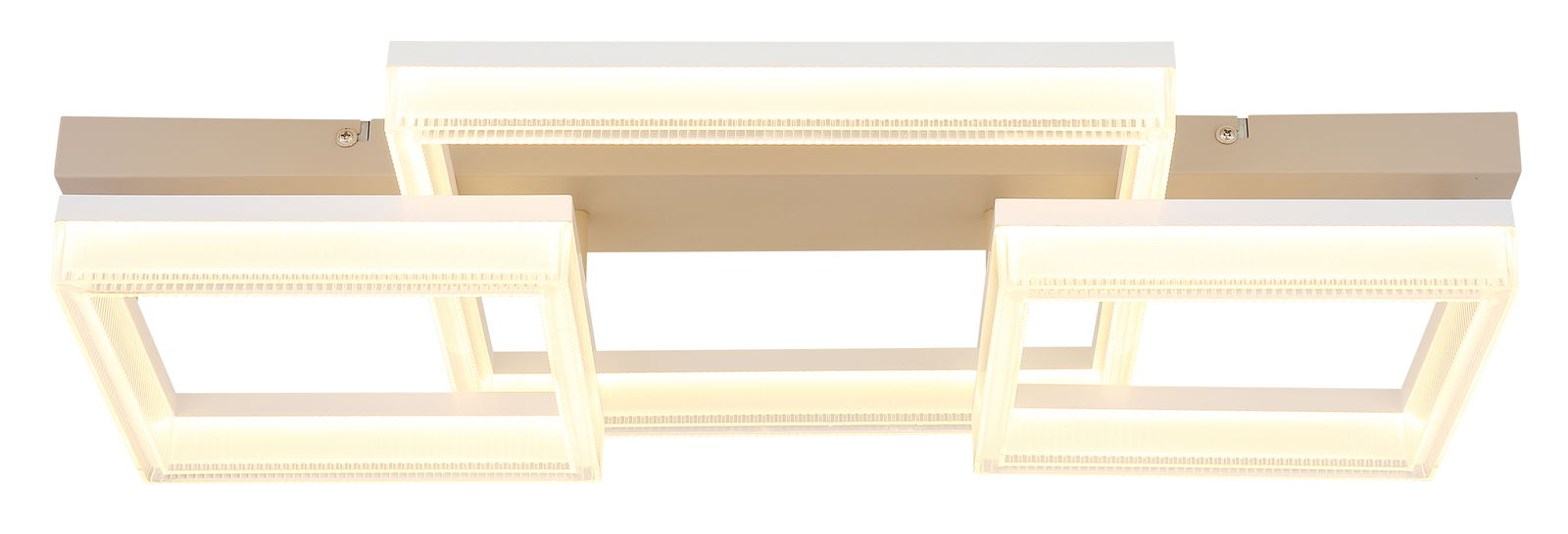 Moderne LED-Deckenleuchte mit drei rechteckigen, leuchtenden Rahmen, Ansicht von unten.