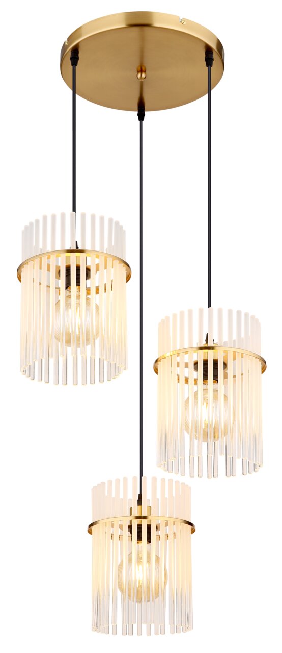 GORLEY hanglamp met drie lampen, voorzien van een gouden plafondbevestiging en cilindrische lampenkappen van transparante staafjes, gezien vanaf de zijkant.