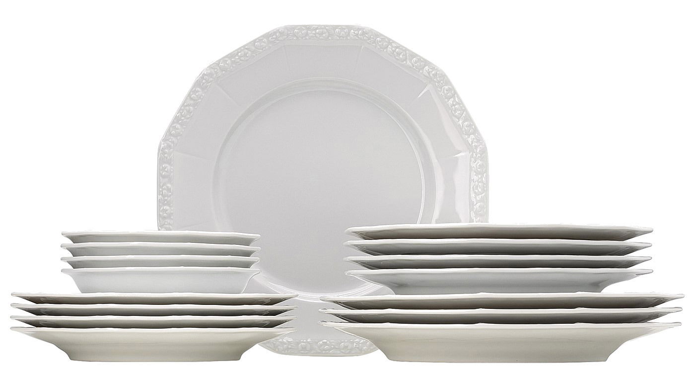 Kombiservice Maria Weiß 16-tlg, seitliche Perspektive, bestehend aus mehreren gestapelten Tellern und Schüsseln mit floralem Randmuster.