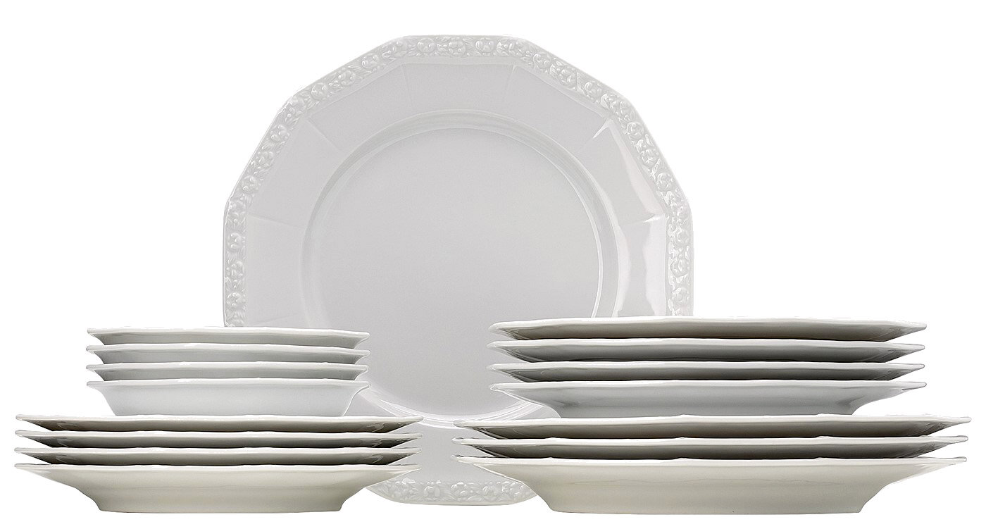 Rosenthal Kombiservice 16-tlg. MARIA WEISS Kombiservice Maria Weiß 16-tlg, seitliche Perspektive, bestehend aus mehreren gestapelten Tellern und Schüsseln mit floralem Randmuster.