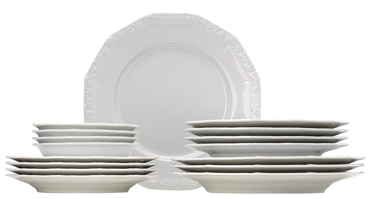Rosenthal Kombiservice 16-tlg. MARIA WEISS Kombiservice Maria Weiß 16-tlg, seitliche Perspektive, bestehend aus mehreren gestapelten Tellern und Schüsseln mit floralem Randmuster.