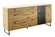 Holz-Sideboard mit drei Schubladen und einer Glastür, seitliche Perspektive