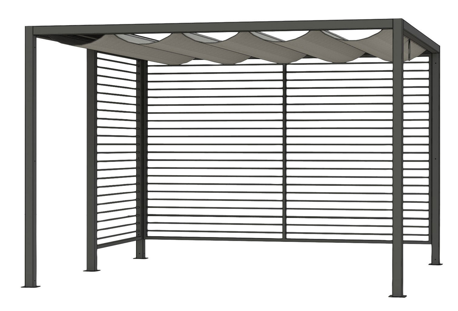 Moderner Sichtschutz aus Aluminium mit Lamellen und gewelltem Dach, seitliche Perspektive.