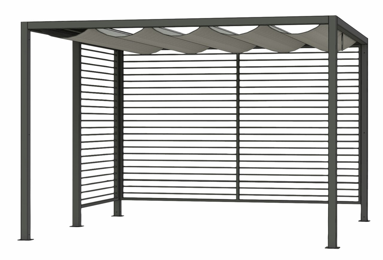 Moderne privacyafscherming van aluminium met lamellen en een golvend dak, gezien vanaf de zijkant.