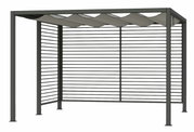 Moderne privacyafscherming van aluminium met lamellen en een golvend dak, gezien vanaf de zijkant.