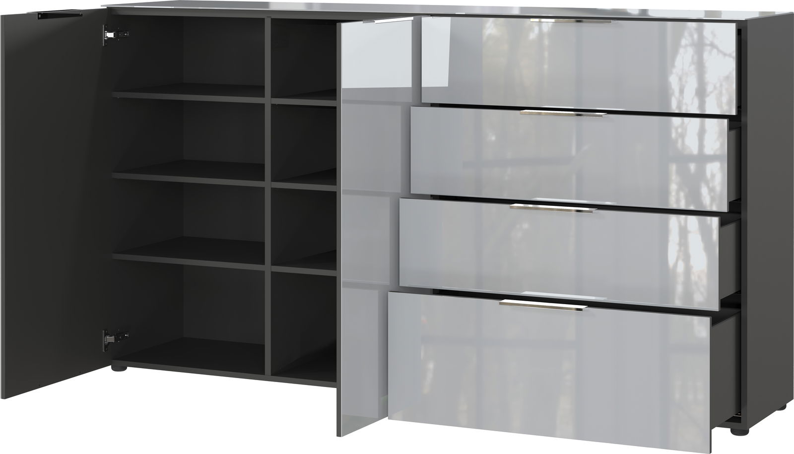 XL-Sideboard mit geöffneten Schubladen und Türen, seitliche Perspektive