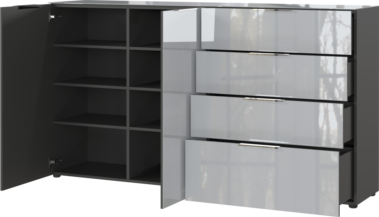XL-Sideboard mit geöffneten Schubladen und Türen, seitliche Perspektive